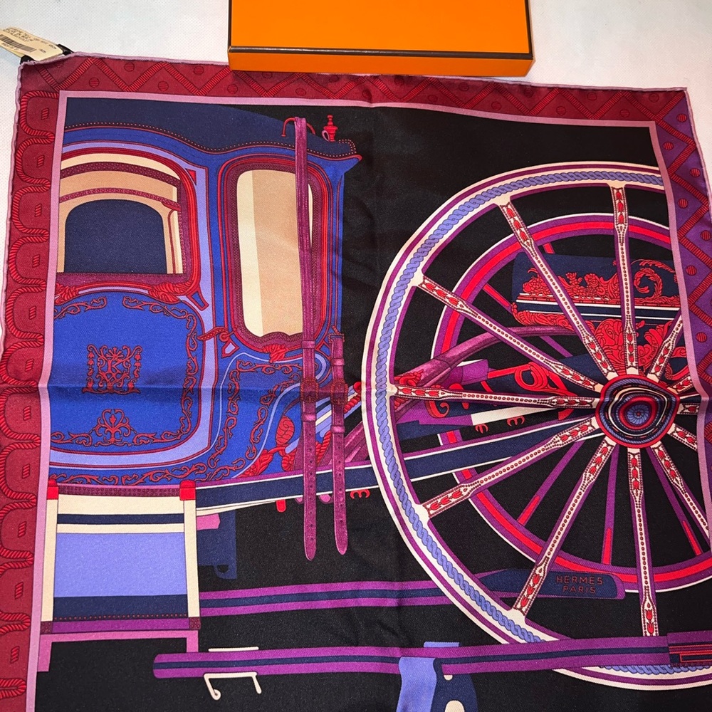 Hermes Paris Twill 100% SILK  45CM Balade En Berline Noir/Bleu/Violet